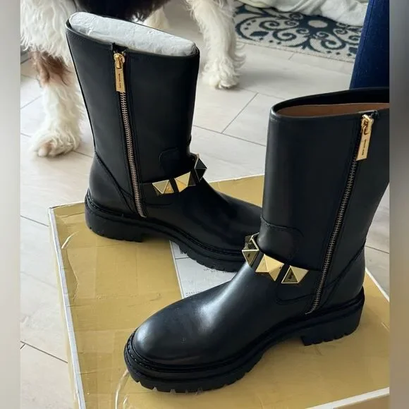 NEW Michael Kors Layton Leather boots with  gold studs short booties sz 6.5 - Picture 5 of 16